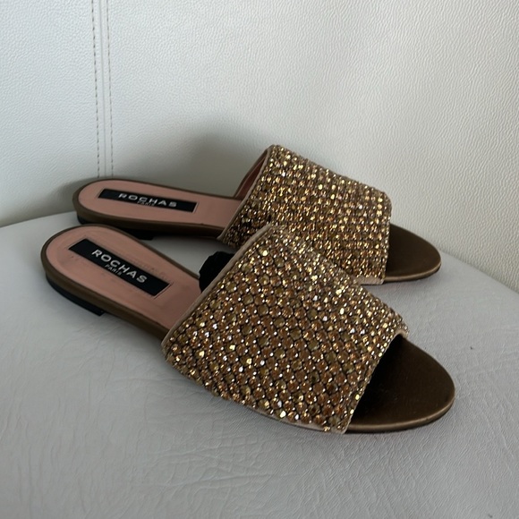 Rochas Suede Crystal Embellished Open Toe Flat Slides size 37 - Picture 6 of 9